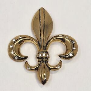 Fleur De Lis Gold Tone Clear Rhinestone Brooch Pin New Orleans Fashion Jewelry